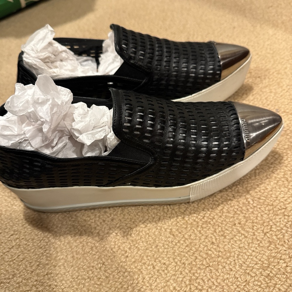 Miu Miu Black and Silver Platform Shoes